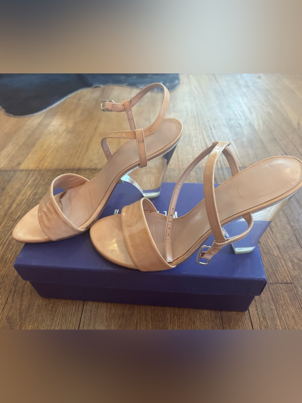 Stuart Weitzman Patent Nude Strappy Heels with Clear Block Heel